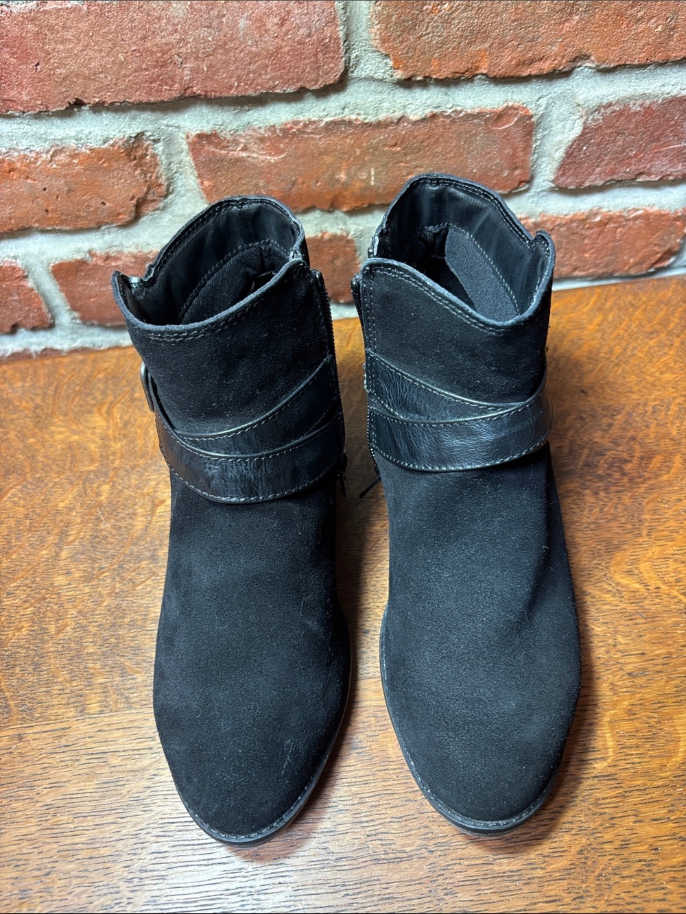 Sonoma Black Suede Ankle Boots with Strap Detail.  7 1/2 M.  2 inch heel